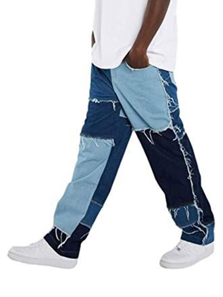 Calça Jeans Masculina Colorida Patchwork Hip Hop Com Zíper