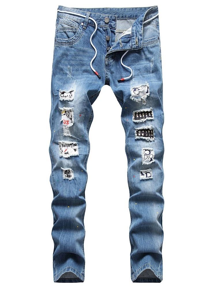 Calça Jeans Masculina Com Botão De Hip Hop Straight Hole