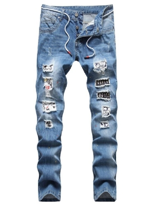 Calça Jeans Masculina Com Botão De Hip Hop Straight Hole
