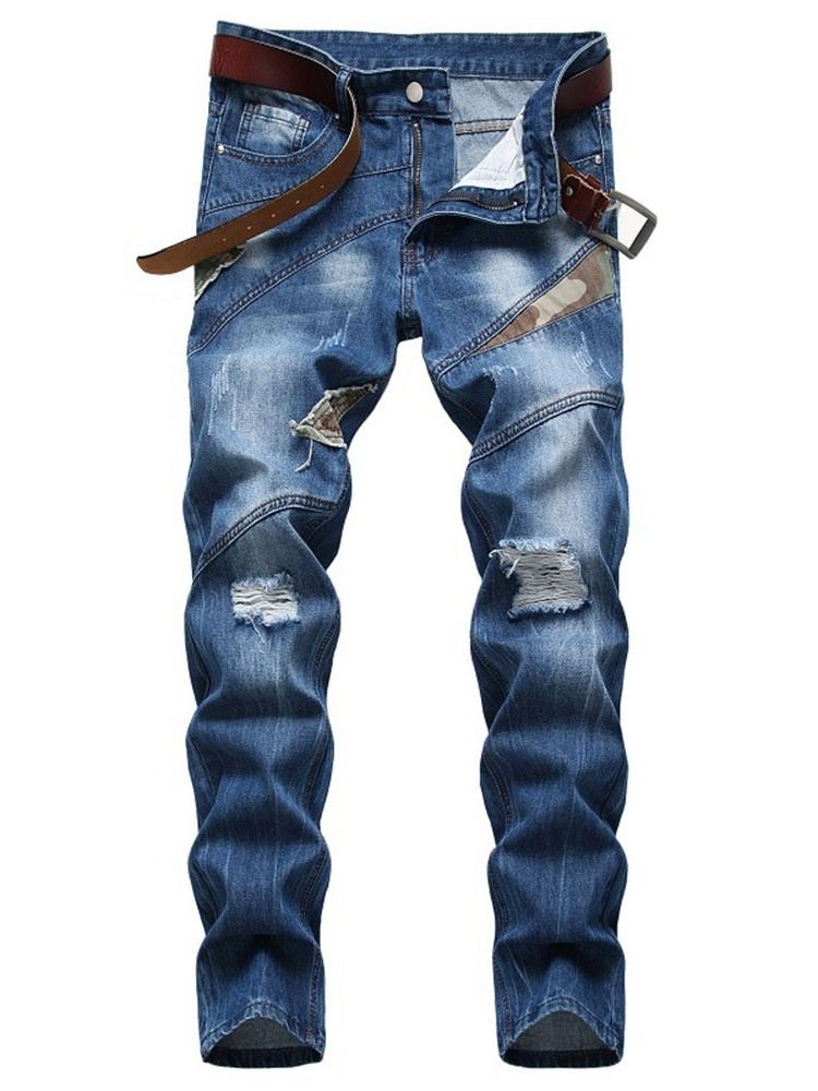 Calça Jeans Masculina Com Zíper De Cintura Média E Camuflagem Reta