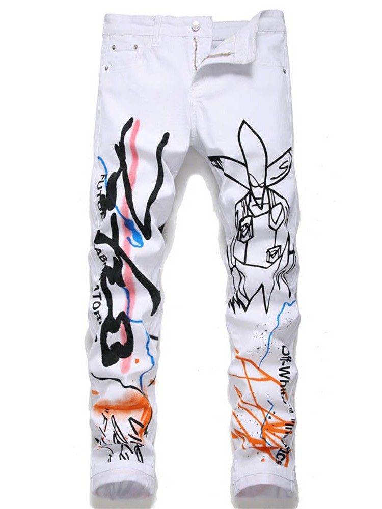 Calça Jeans Masculina Com Zíper De Cintura Média Estampa Reta