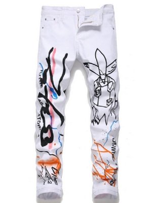 Calça Jeans Masculina Com Zíper De Cintura Média Estampa Reta