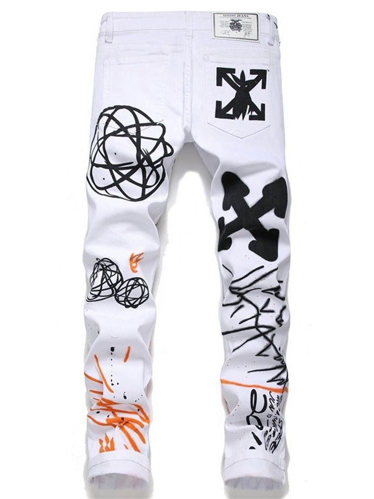 Calça Jeans Masculina Com Zíper De Cintura Média Estampa Reta