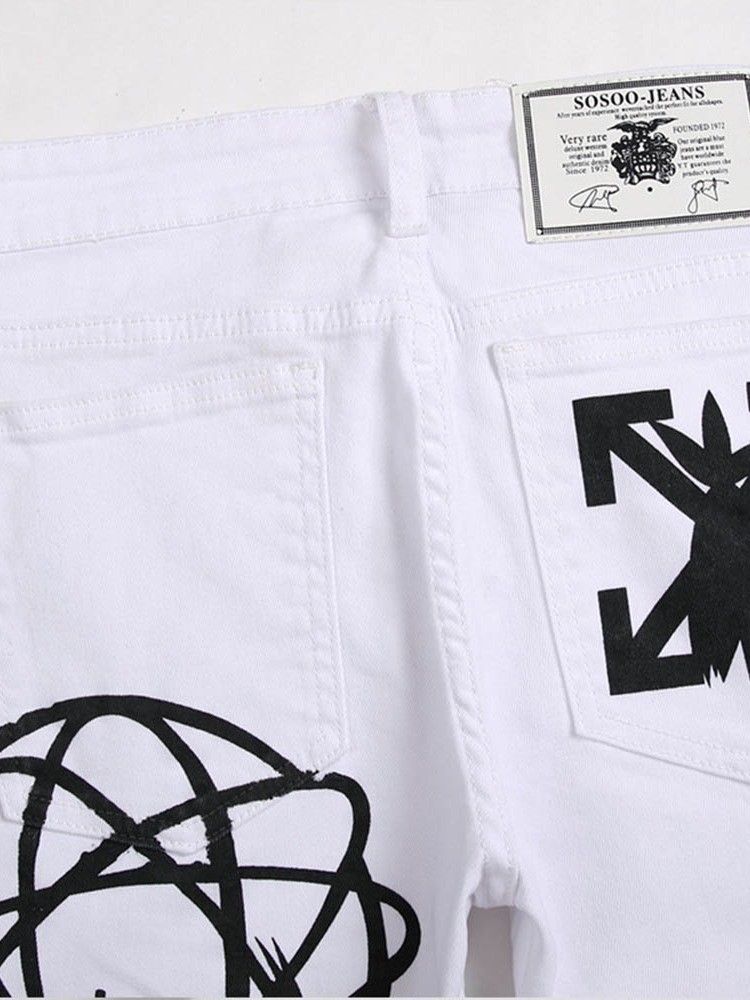 Calça Jeans Masculina Com Zíper De Cintura Média Estampa Reta