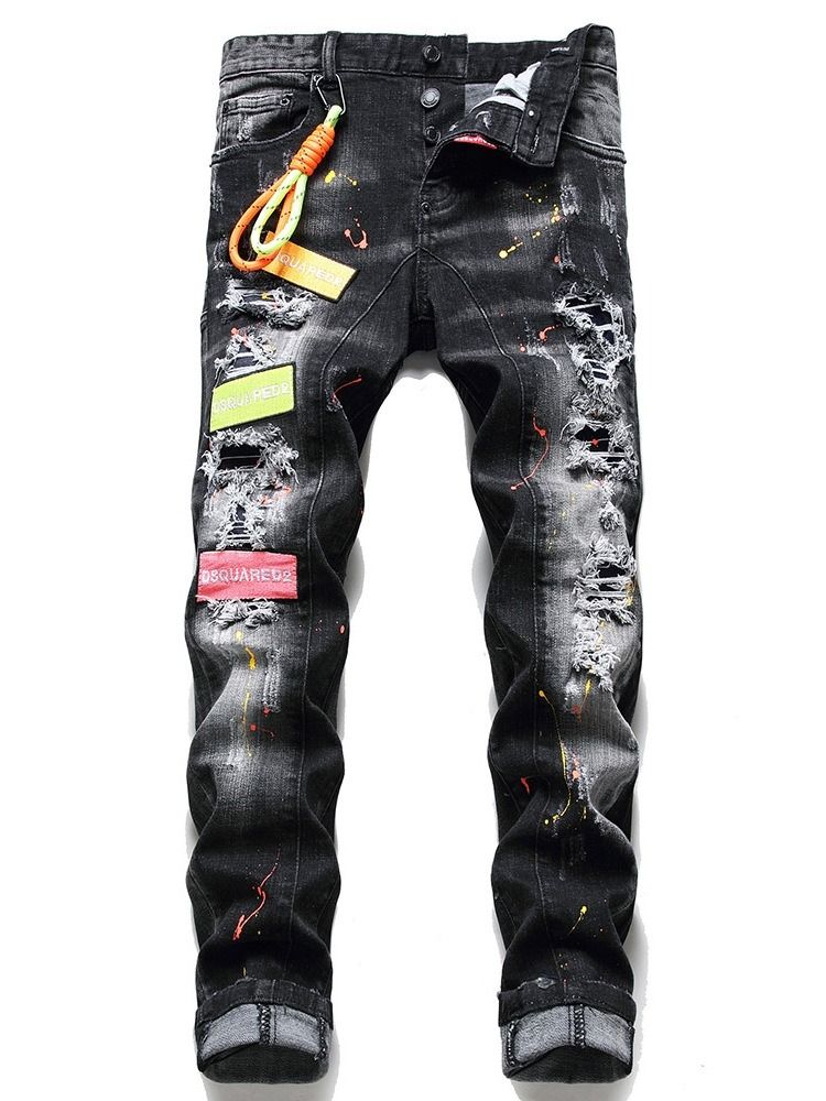 Calça Jeans Masculina Coreana De Cintura Média De Botão Reto Com Letras