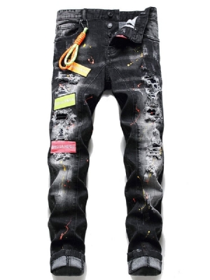 Calça Jeans Masculina Coreana De Cintura Média De Botão Reto Com Letras
