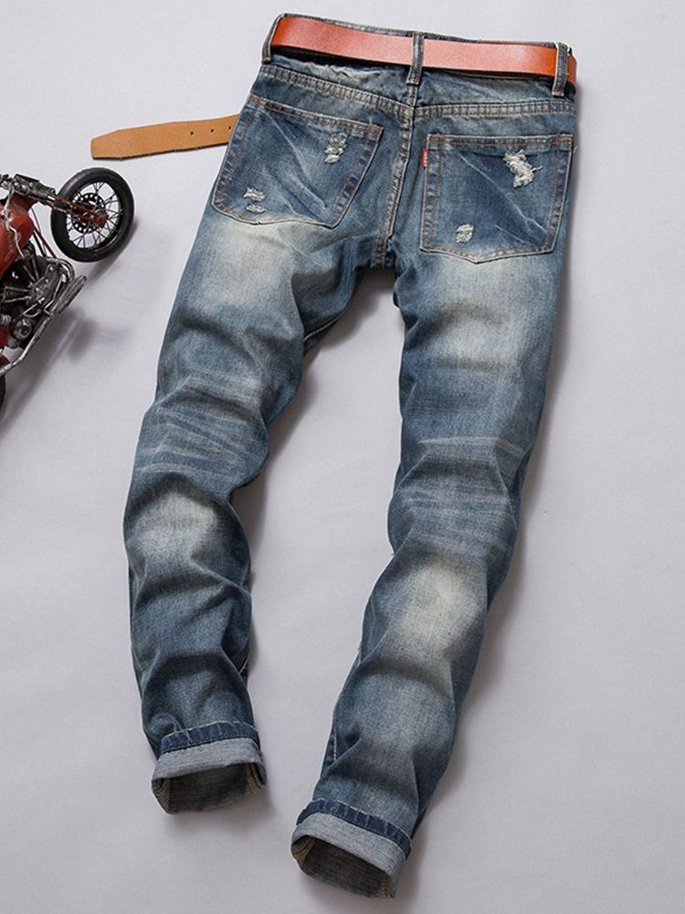 Calça Jeans Masculina Europeia Bordada Em Bloco De Cor Reta Com Cintura Média