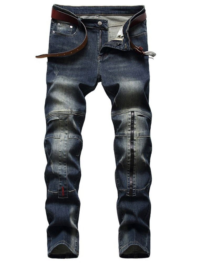 Calça Jeans Masculina Europeia Reta Patchwork Com Zíper