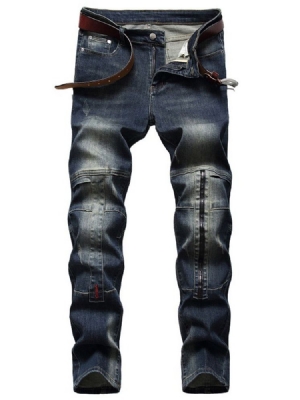 Calça Jeans Masculina Europeia Reta Patchwork Com Zíper