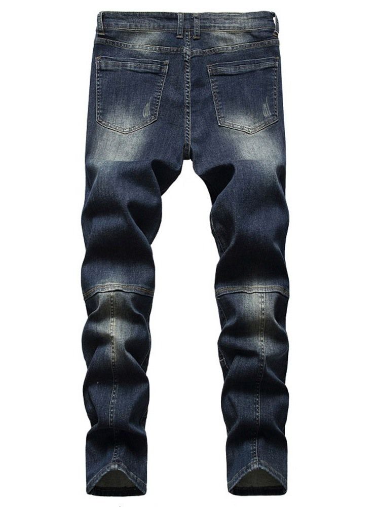 Calça Jeans Masculina Europeia Reta Patchwork Com Zíper