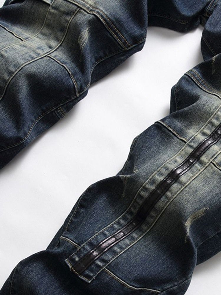 Calça Jeans Masculina Europeia Reta Patchwork Com Zíper