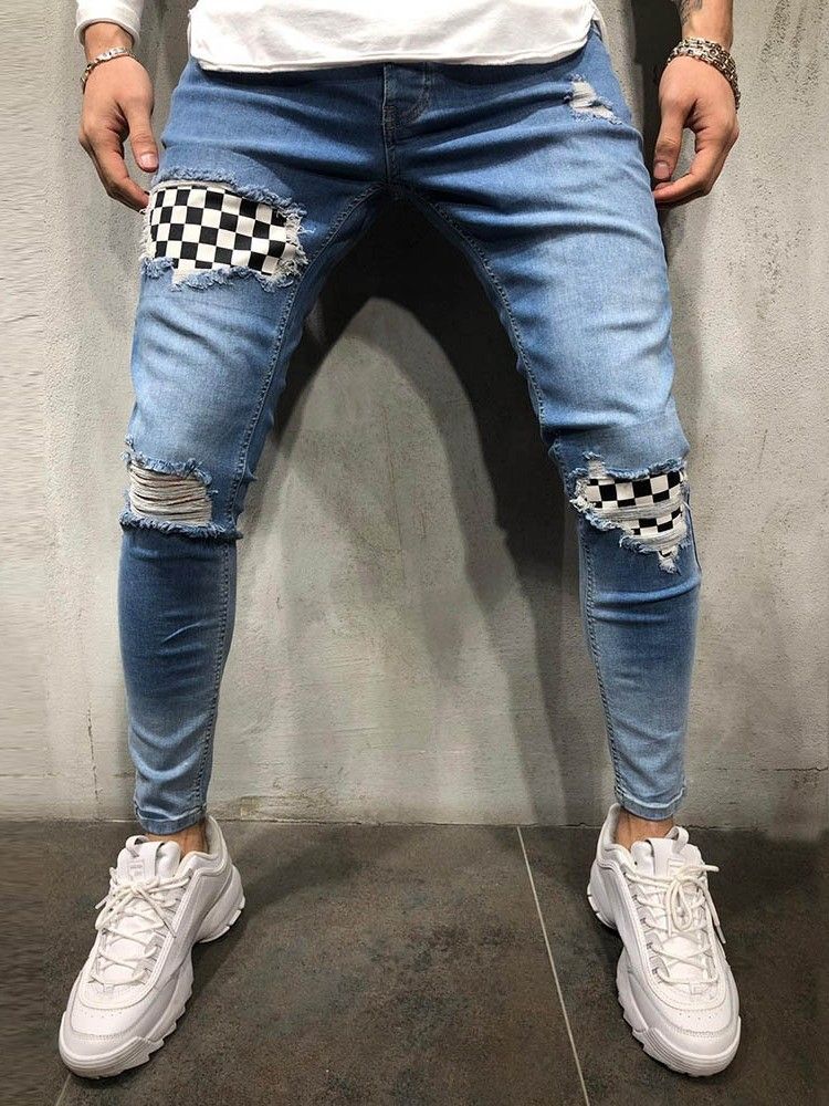 Calça Jeans Masculina Fina Zipper Color Block
