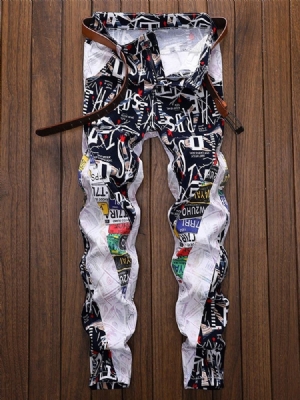 Calça Jeans Masculina Reta Patchwork Reta Europeia Cintura Média
