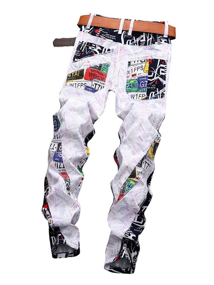 Calça Jeans Masculina Reta Patchwork Reta Europeia Cintura Média
