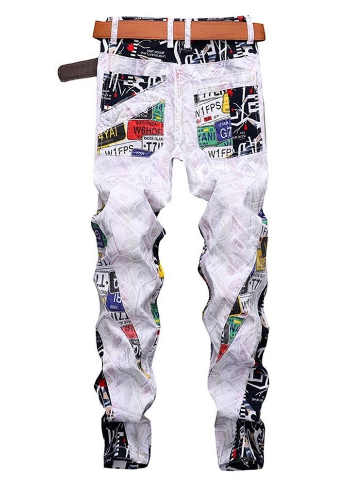 Calça Jeans Masculina Reta Patchwork Reta Europeia Cintura Média