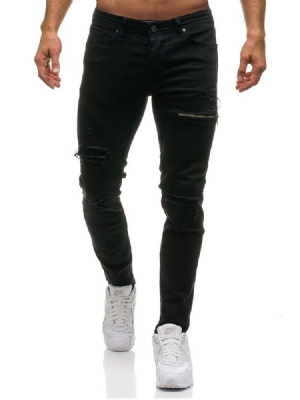 Calça Jeans Simples Desgastada Inelástica Masculina Casual Rasgada