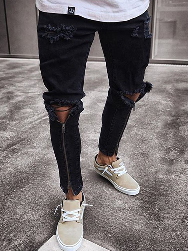Calça Jeans Skinny Masculina Rasgada Com Zíper Preto