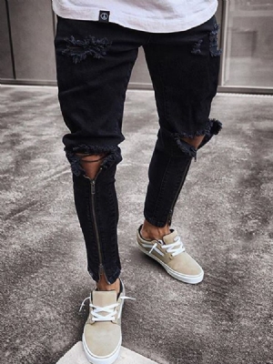 Calça Jeans Skinny Masculina Rasgada Com Zíper Preto