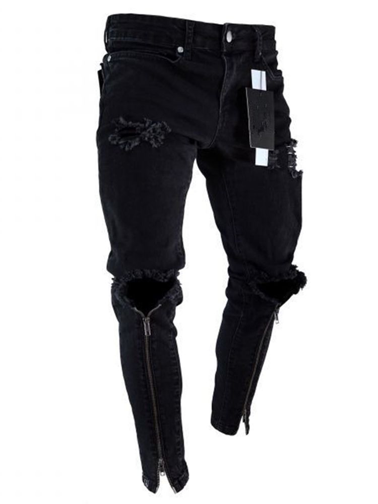 Calça Jeans Skinny Masculina Rasgada Com Zíper Preto