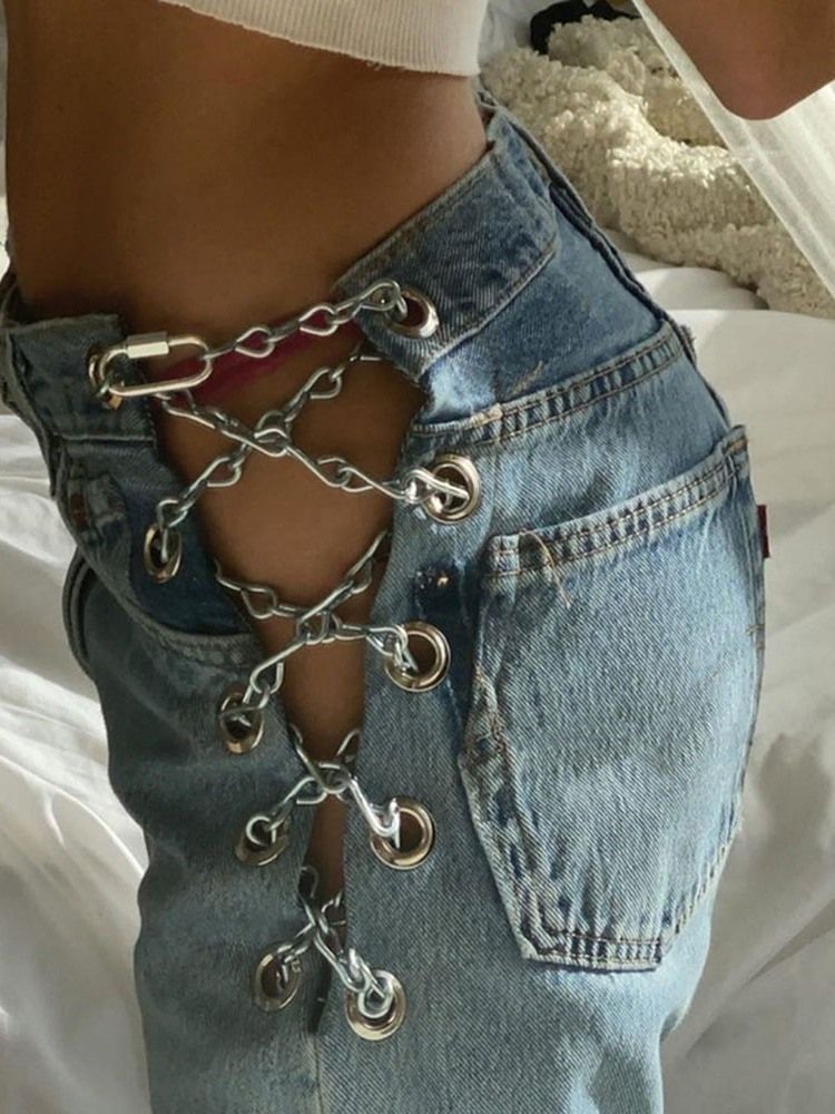 Calça Jeans Slim Feminina Com Zíper De Pernas Largas Buraco Liso