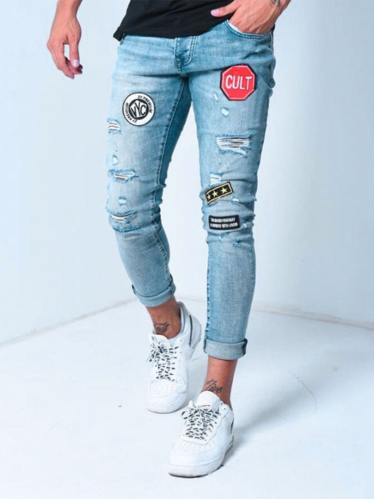 Calça Lápis Bloco De Cor De Bolso Casual Zíper Calça Jeans Masculina