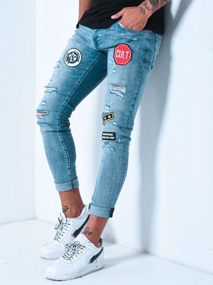 Calça Lápis Bloco De Cor De Bolso Casual Zíper Calça Jeans Masculina