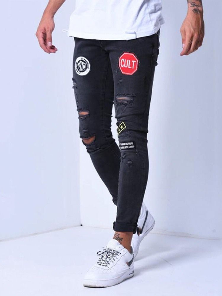 Calça Lápis Bloco De Cor De Bolso Casual Zíper Calça Jeans Masculina