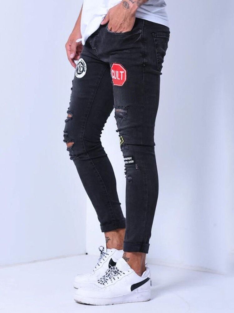 Calça Lápis Bloco De Cor De Bolso Casual Zíper Calça Jeans Masculina