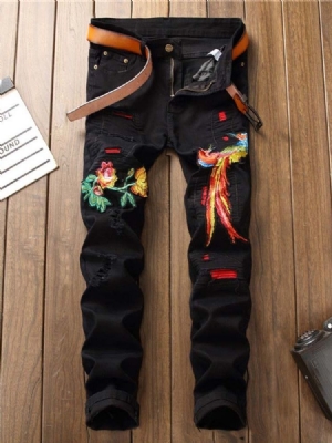 Calça Lápis Bordada Masculina Jeans De Cintura Média Com Zíper Floral