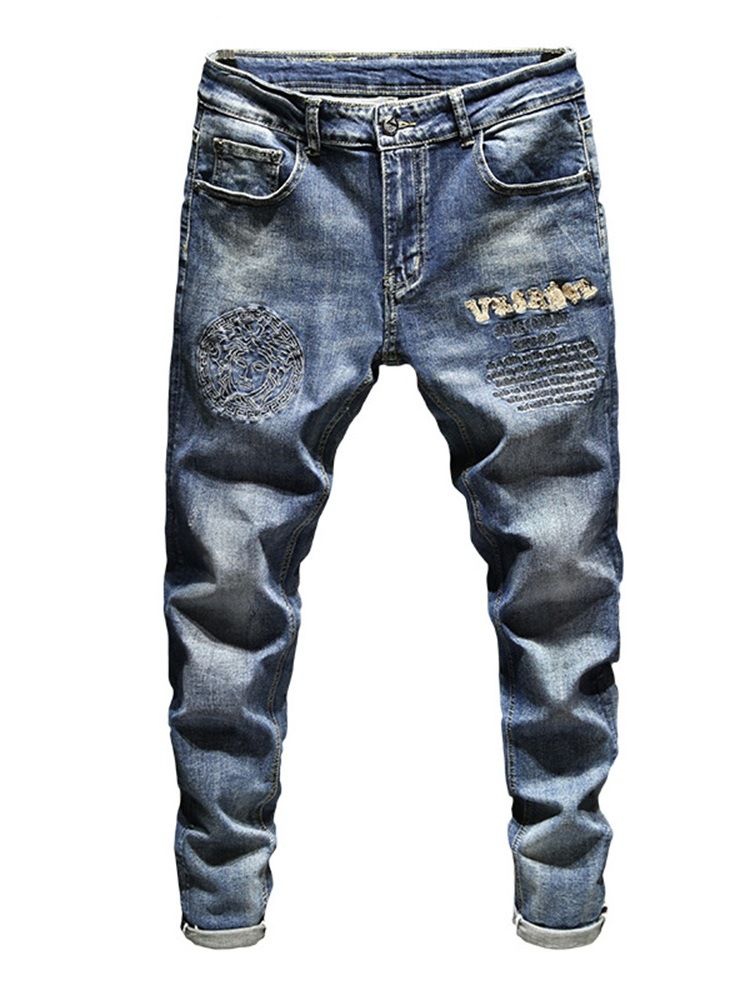 Calça Lápis Bordado Masculino Com Zíper Calça Jeans Casual