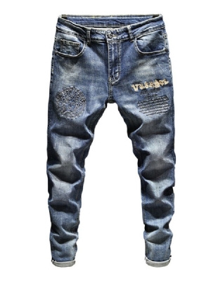 Calça Lápis Bordado Masculino Com Zíper Calça Jeans Casual