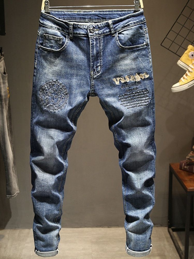 Calça Lápis Bordado Masculino Com Zíper Calça Jeans Casual