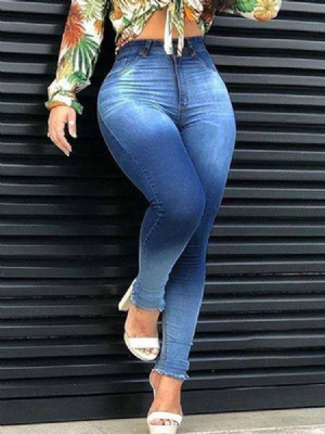 Calça Lápis Botão Color Block Skinny Zipper Feminino Jeans