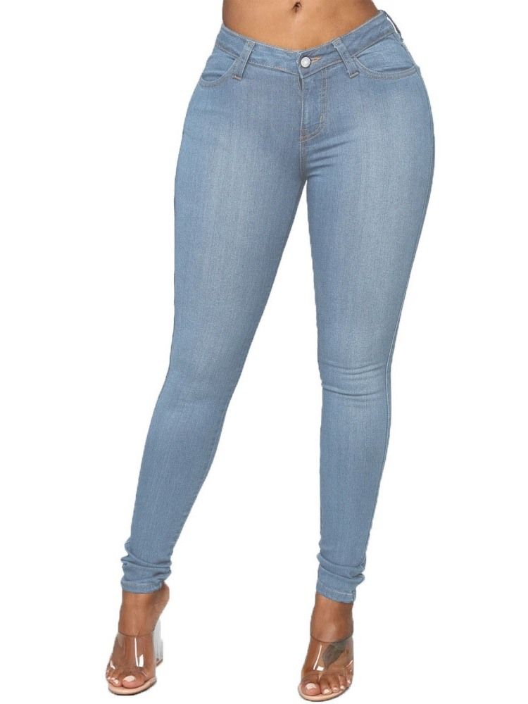Calça Lápis De Botão Liso Feminino Jeans Magro De Cintura Média