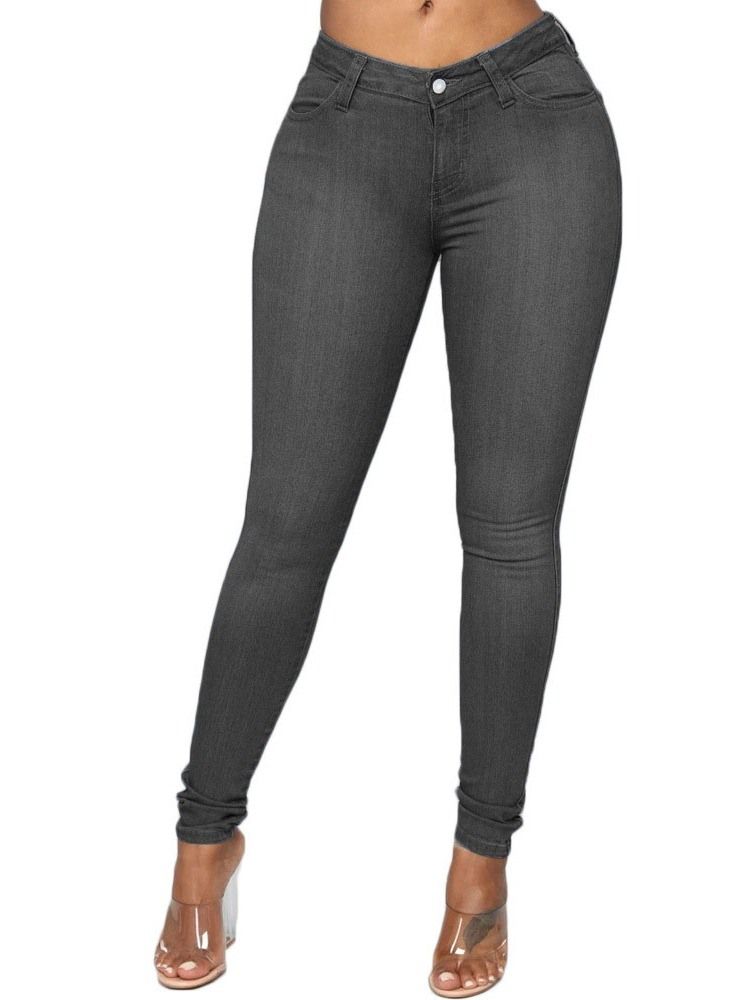 Calça Lápis De Botão Liso Feminino Jeans Magro De Cintura Média