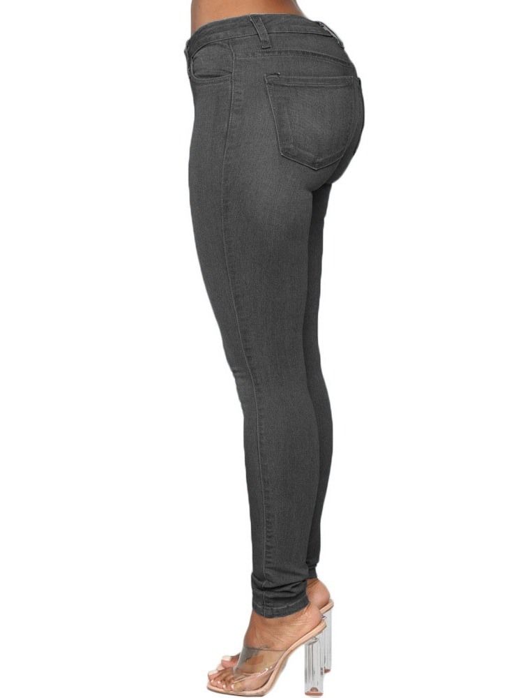 Calça Lápis De Botão Liso Feminino Jeans Magro De Cintura Média