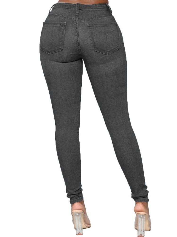 Calça Lápis De Botão Liso Feminino Jeans Magro De Cintura Média