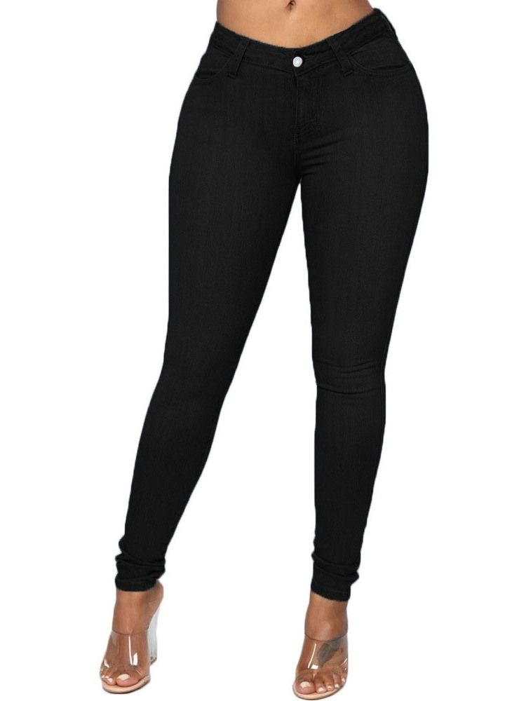 Calça Lápis De Botão Liso Feminino Jeans Magro De Cintura Média