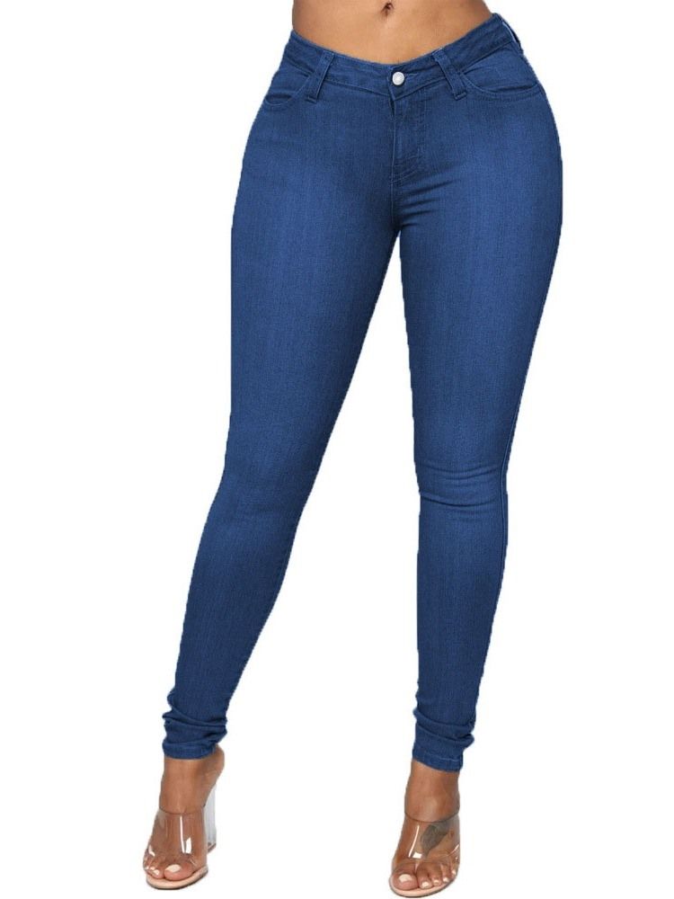 Calça Lápis De Botão Liso Feminino Jeans Magro De Cintura Média