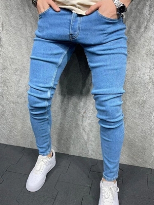 Calça Lápis Botão Liso Calça Jeans Masculino Com Zíper