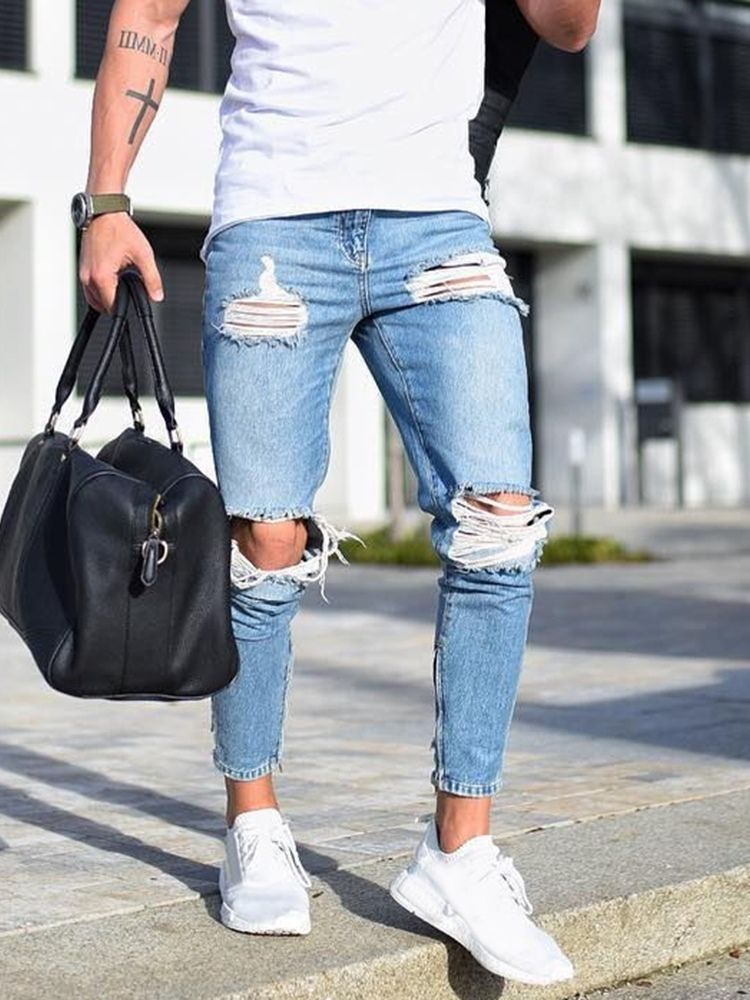 Calça Lápis Buraco Simples Calça Jeans Homem Zíper Cintura Média
