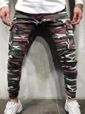 Calça Lápis Camuflagem Bolso Zíper Calça Jeans Casual Masculina