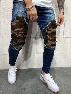 Calça Lápis Camuflagem Buraco Casual Cintura Média Calça Jeans Masculina
