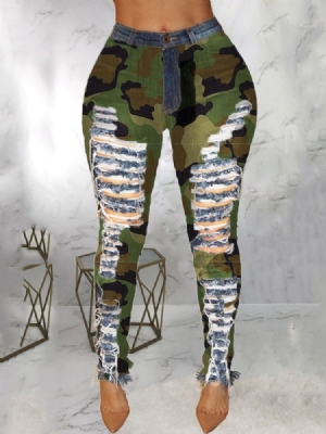 Calça Lápis Camuflagem Patchwork Calça Jeans Feminino Cintura Média
