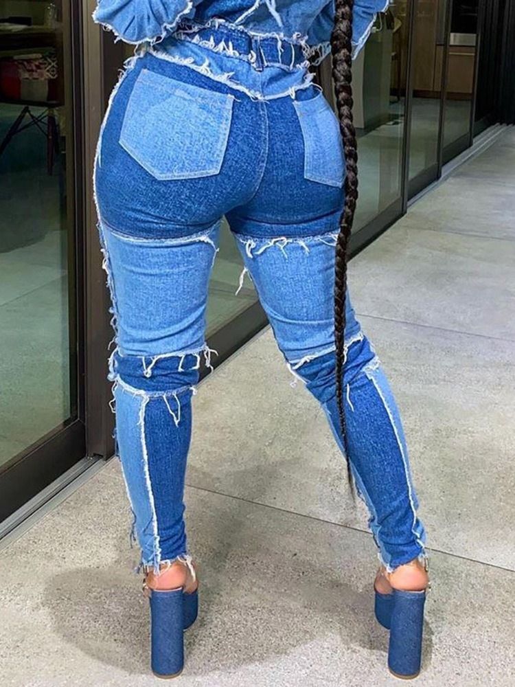 Calça Lápis Com Bloco De Cores Patchwork Feminino Jeans Skinny Zipper