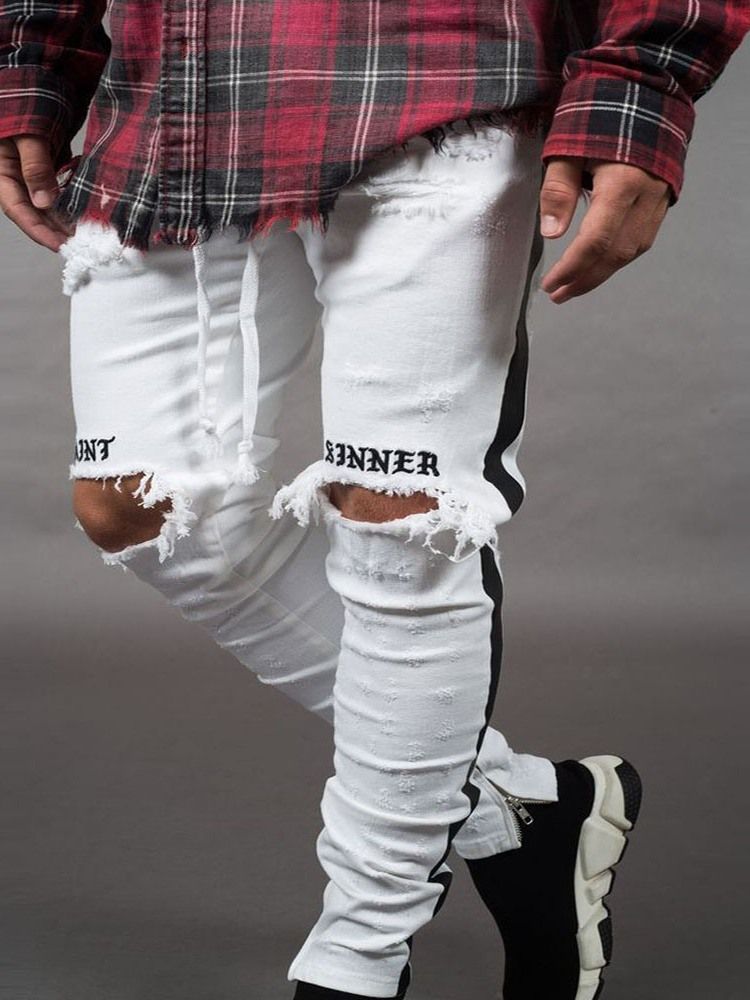 Calça Lápis Com Buraco De Letra Cintura Média Calça Jeans Casual Masculina