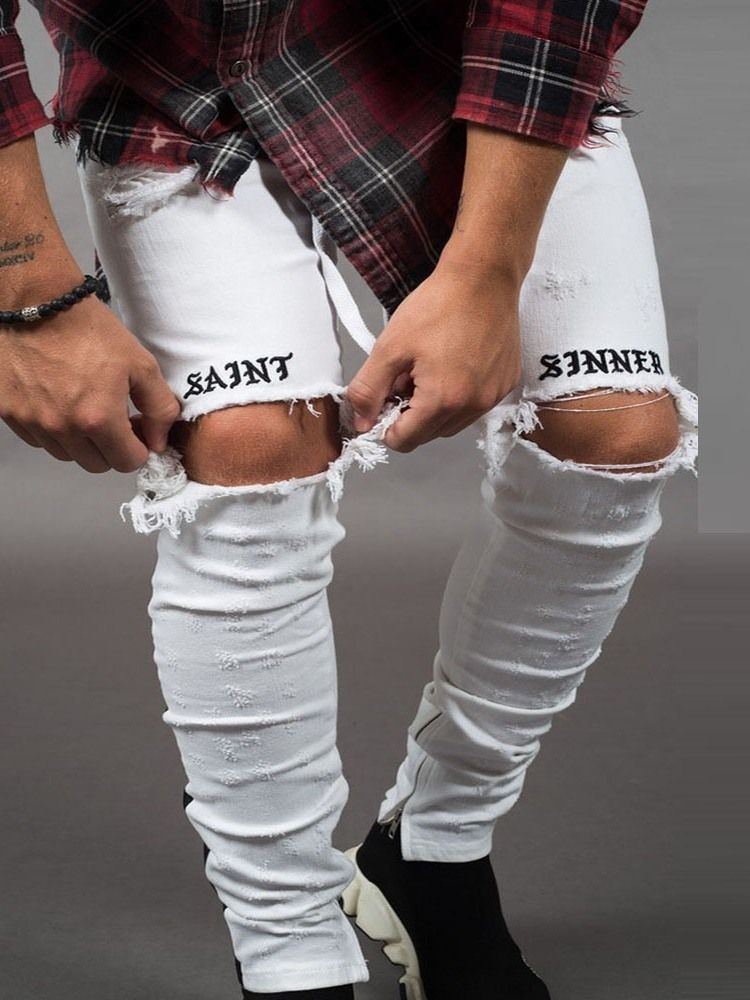 Calça Lápis Com Buraco De Letra Cintura Média Calça Jeans Casual Masculina