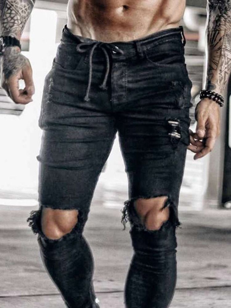 Calça Lápis Hole Pencil Europeu Zipper Masculino Calça Lápis Denim
