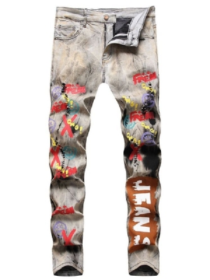 Calça Lápis Imprimir Carta Calça Jeans Homem Cintura Média Zíper
