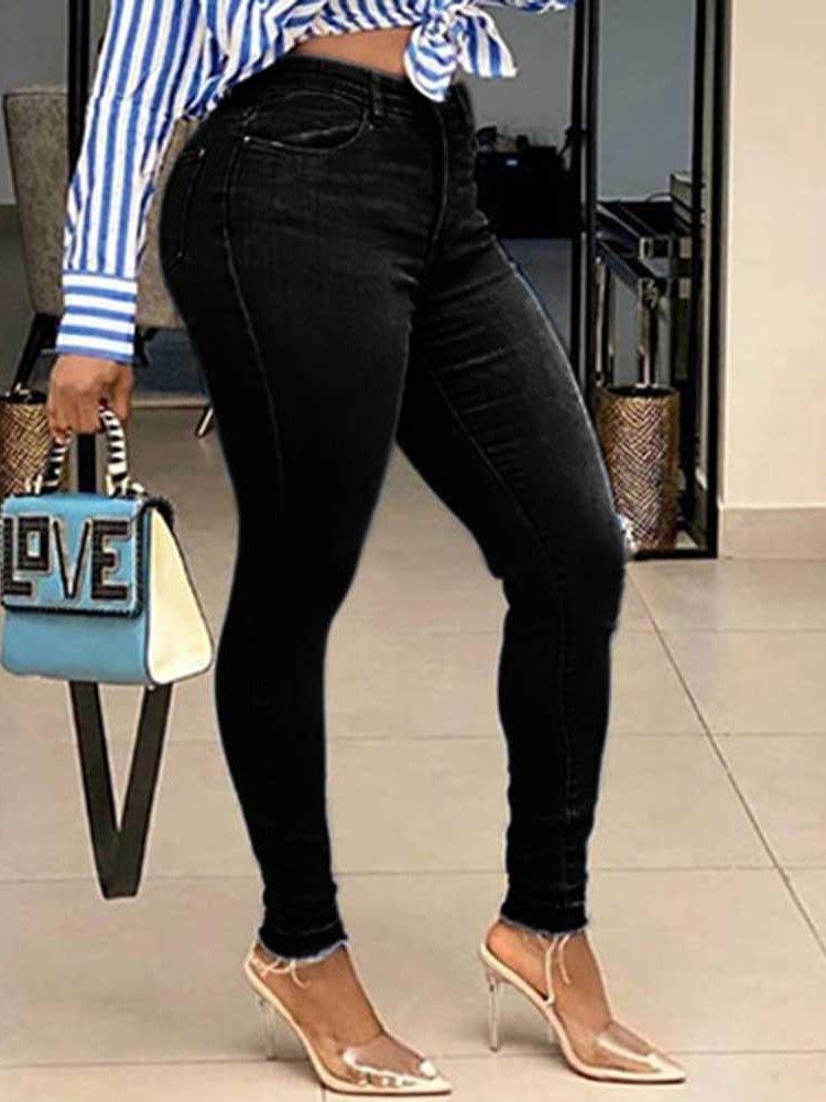 Calça Lápis Lavável Liso Cintura Alta Zíper Calça Jeans Feminina